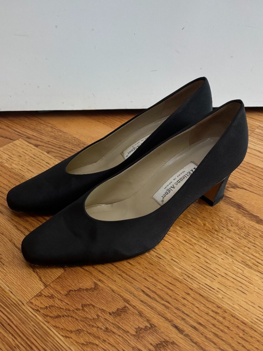 Vintage Black Satin Block Heel Pumps Size 9M | Etienne Aigner